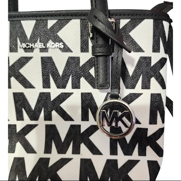 MICHAEL KORS XS Jet Set Travel Black & White MK Logo Zip Tote Bag - Picture 5 of 12